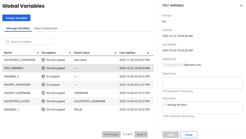the global variables page, showing a variable selected and the information pane displayed