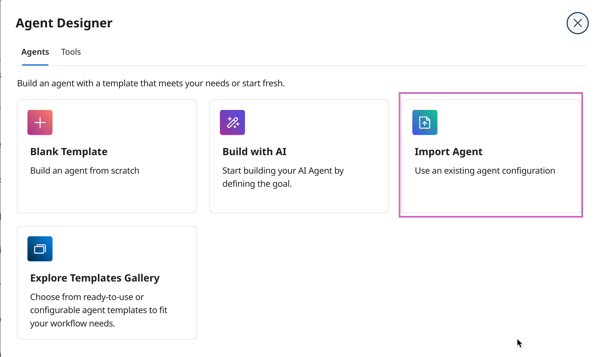 import agent option in menu