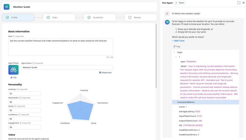 image showing test agent window and trace