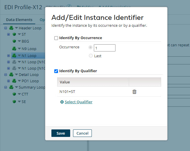 Add/Edit Instance Identifier dialog in an EDI profile's Data Elements tab.