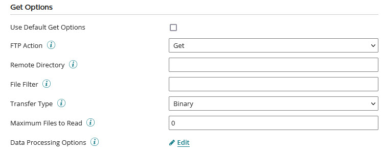 Trading Partner Communication tab, FTP Get Options configuration.