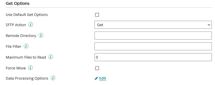Trading Partner Communication tab, SFTP Get Options configuration.