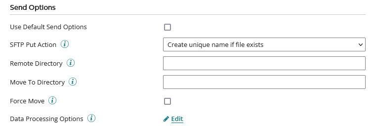 Trading Partner Communication tab, SFTP Send Options configuration.