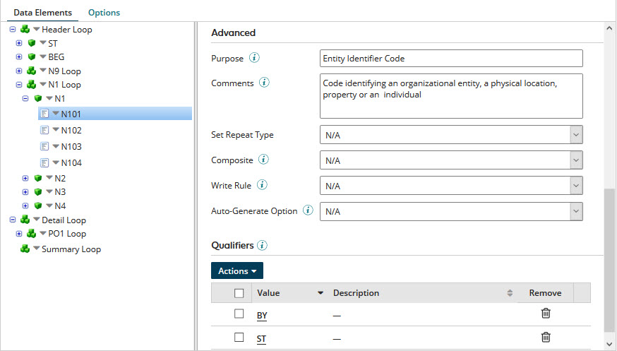 Qualifiers section of the EDI Element Details panel in the EDI profile’s Data Elements tab.