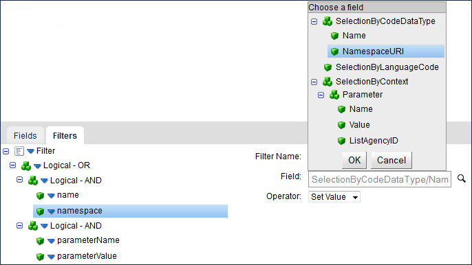 Name and NamespaceURI selection on the Operation component Filters tab.