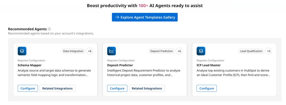 agent recommendation tiles on the Agent Garden home screen