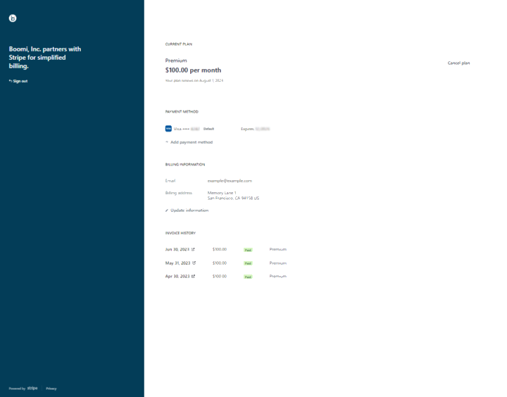 The Stripe portal, showing upcoming charges, the currenty payment method, billing information, and payment history. There is a cancel plan button in the top right corner.