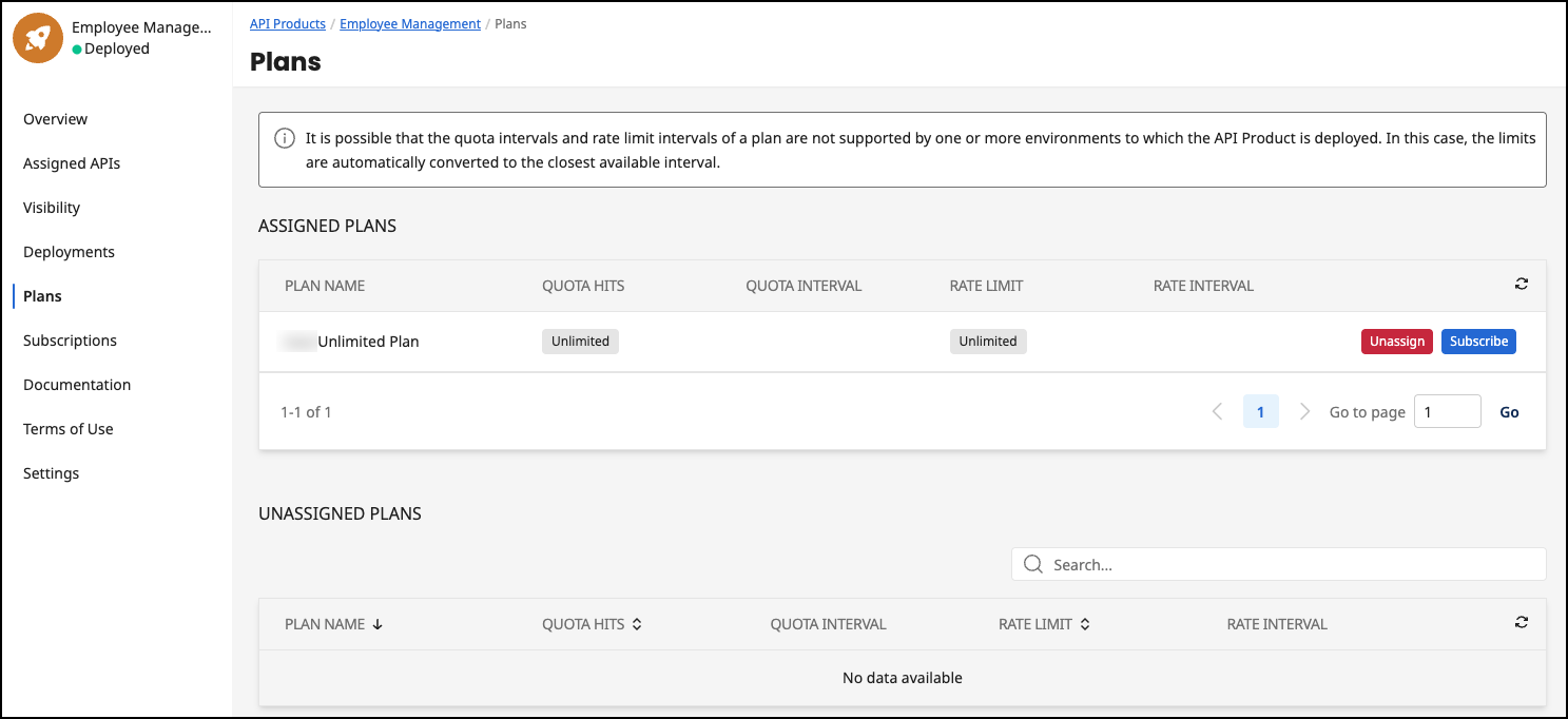 Administration Portal - API Products - Plans