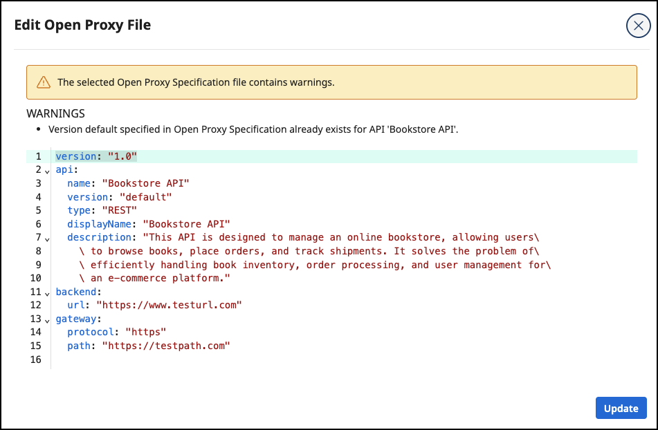 Administration Portal - APIs - API Version - Edit Open Proxy Specification
