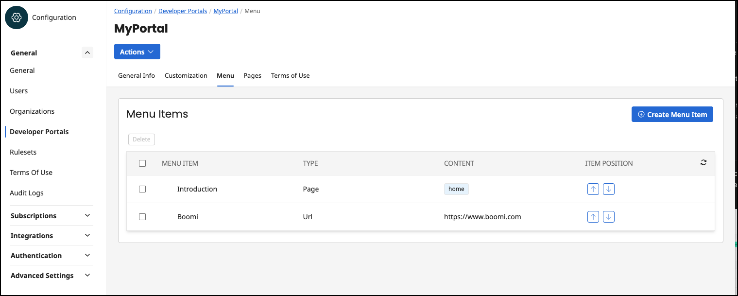 Administration Portal - Developer Portal - Menu - List