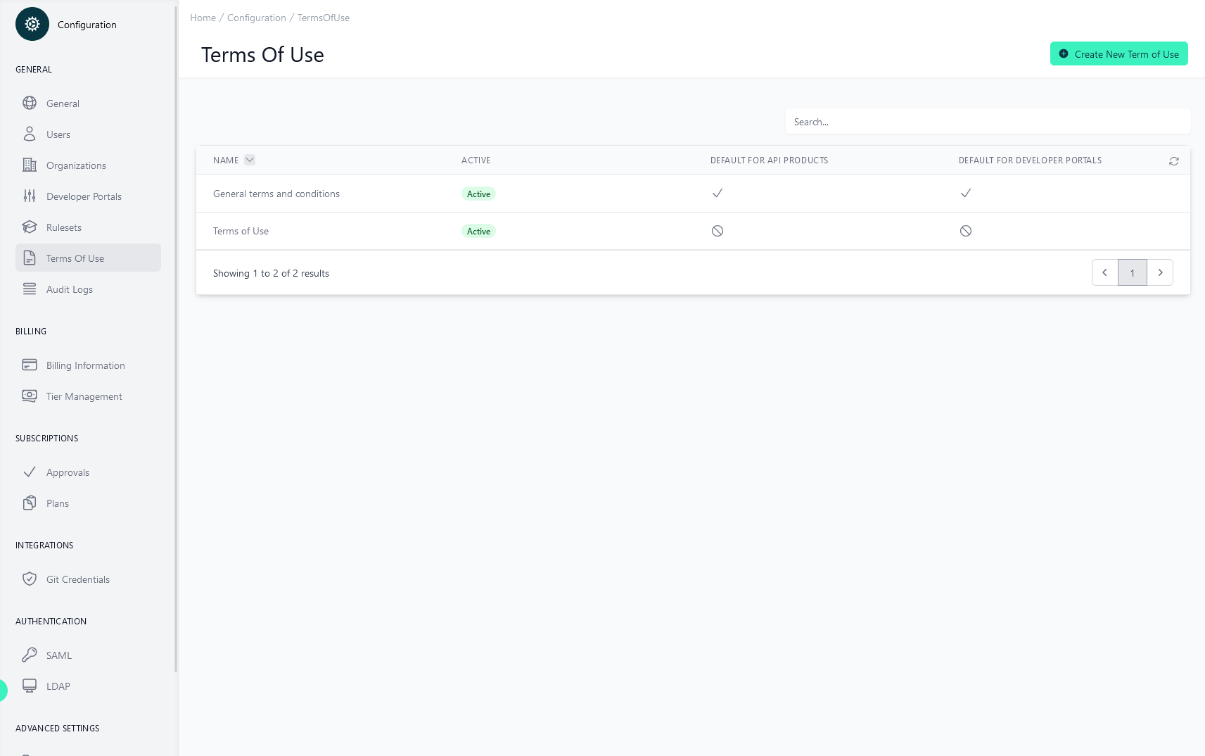 Administration Portal - Configuration - Terms of Use