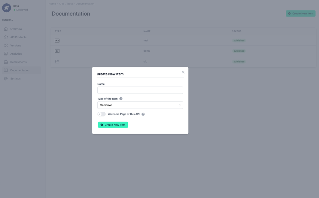 Administration Portal - APIs - Creation of a new documentation item