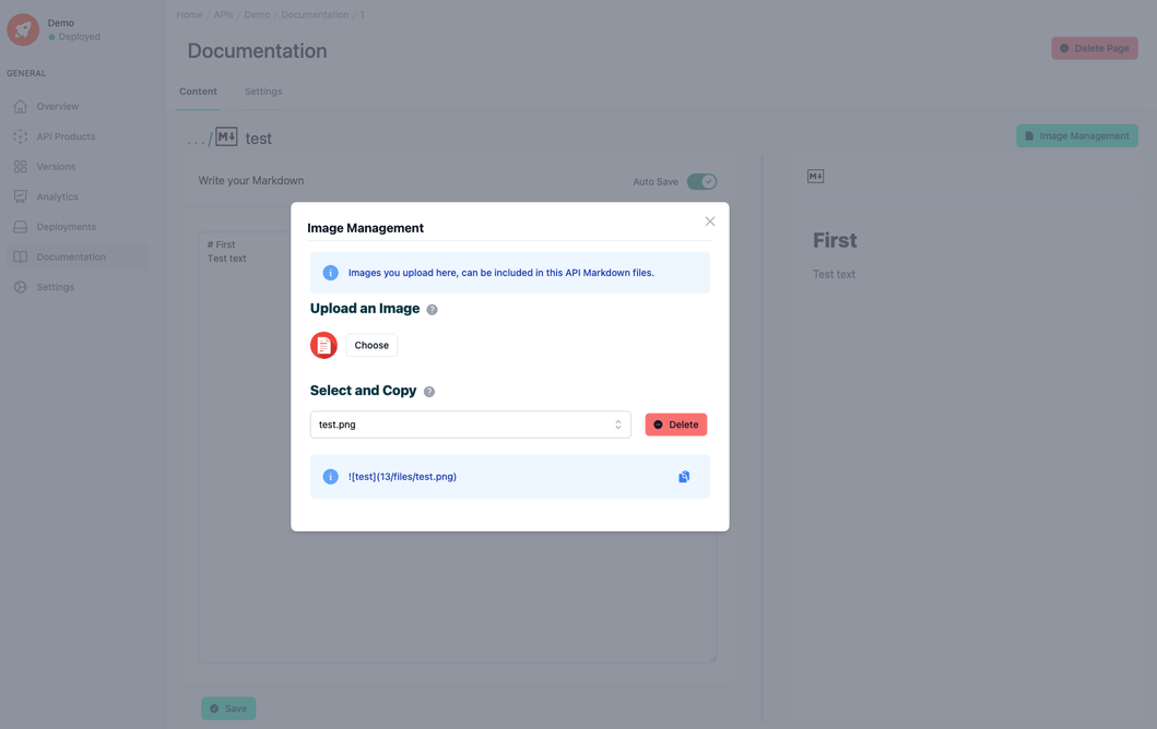 Administration Portal - APIs Image Management in a Markdown Page