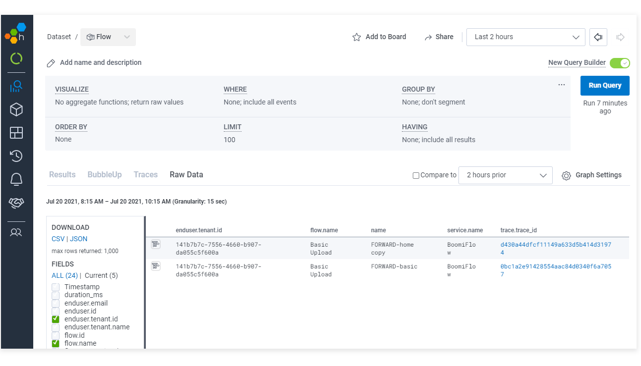 Querying the dataset in Honeycomb