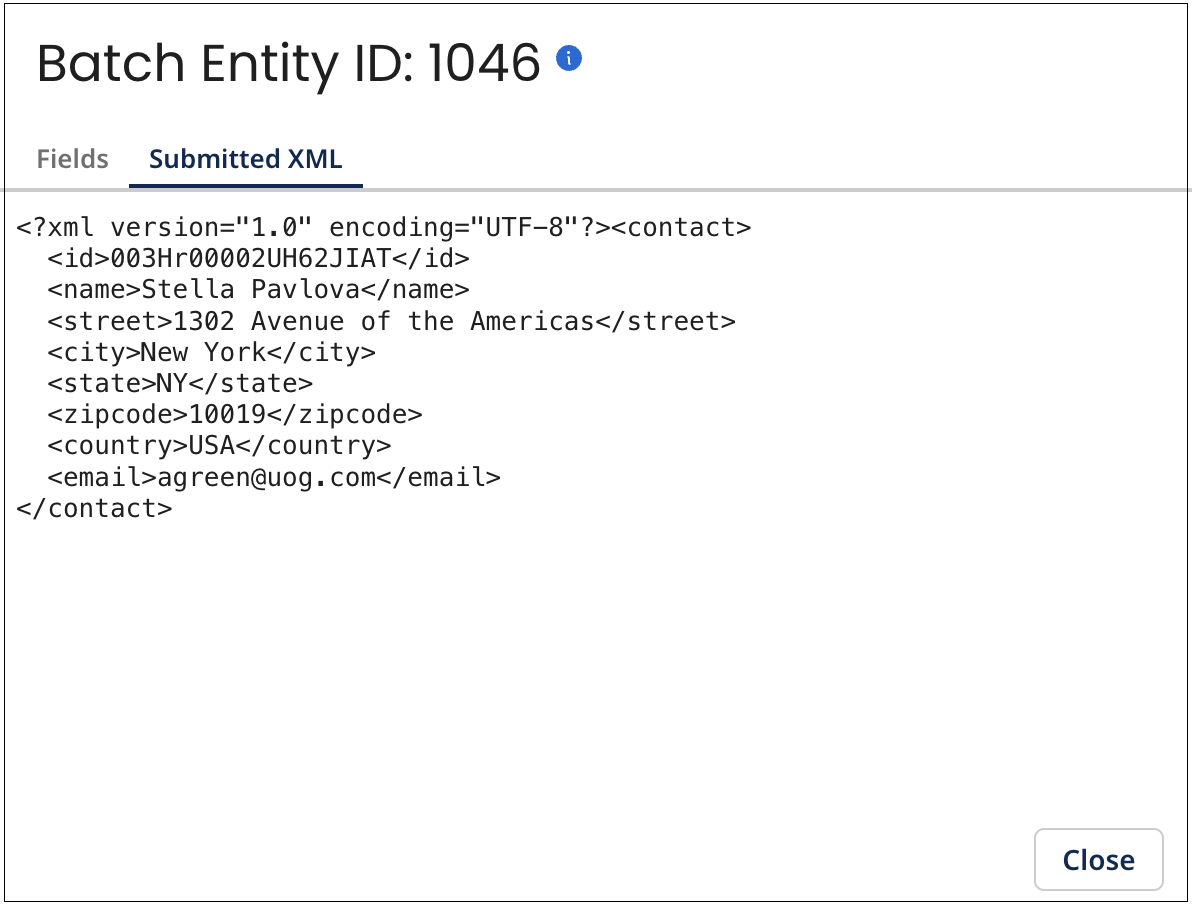 Example of the Submitted XML tab in the Batch Entity dialog