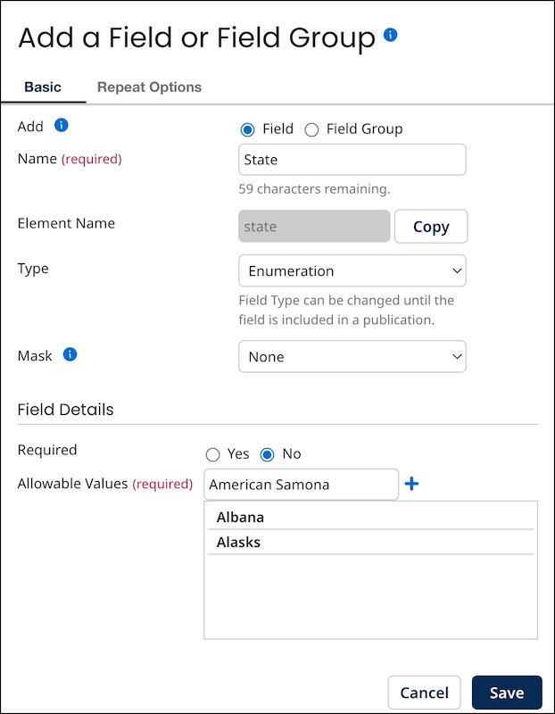 Adding American Samoa as an enumerated value for the field “state” to the previously added values Alabama and Alaska.