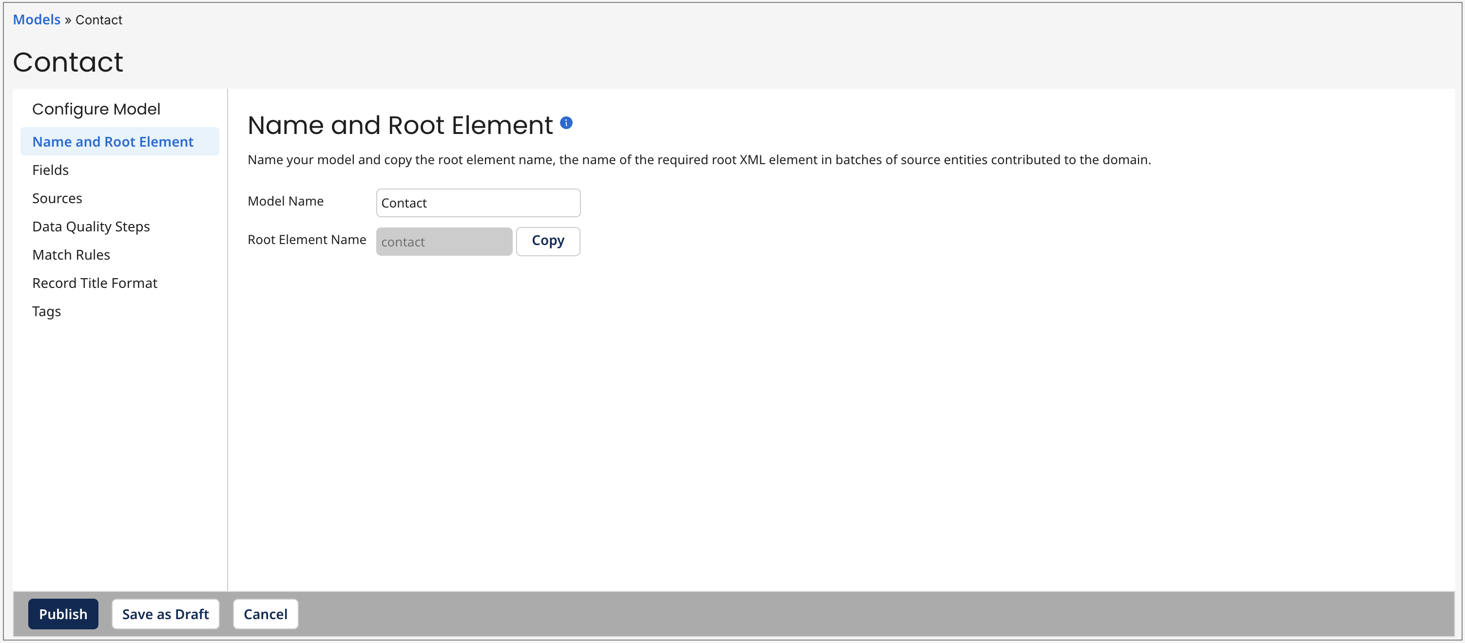 Designating Contact as the Model Name in the model page’s Name and Root Element tab