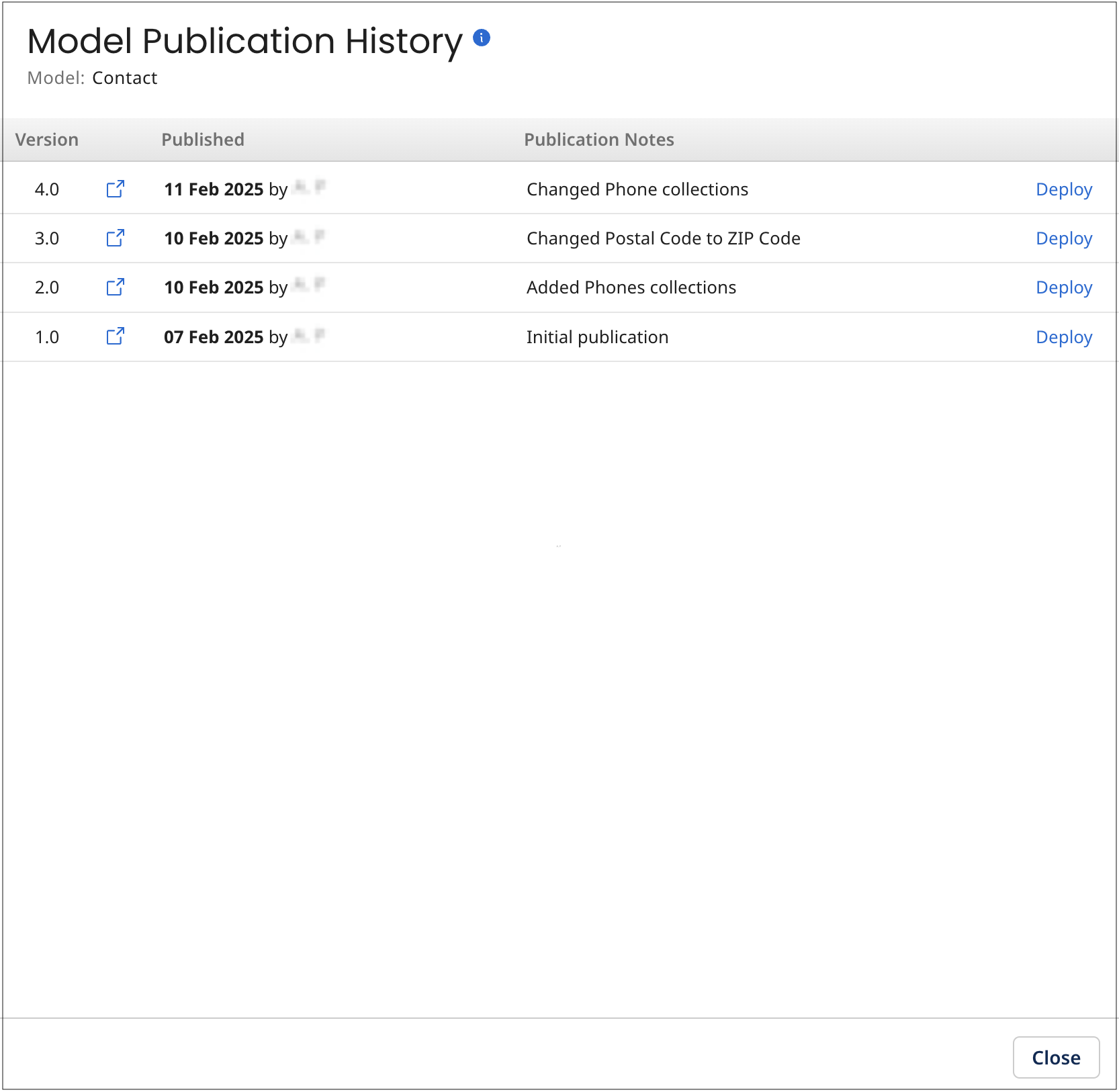 This example of the Model Publication History view shows the publication date and notes for each of the five versions of the model Contact.