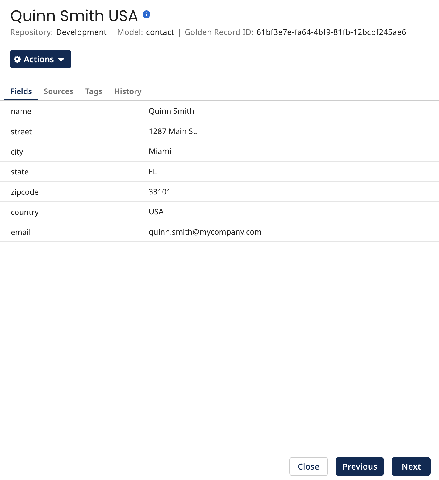 Details view for a created, updated, or end-dated golden record