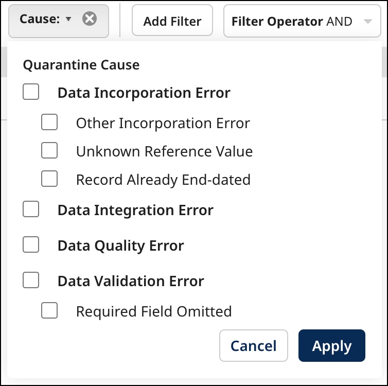 Dialog used to filter the quarantine entries list by category of reason for quarantining or specific causes