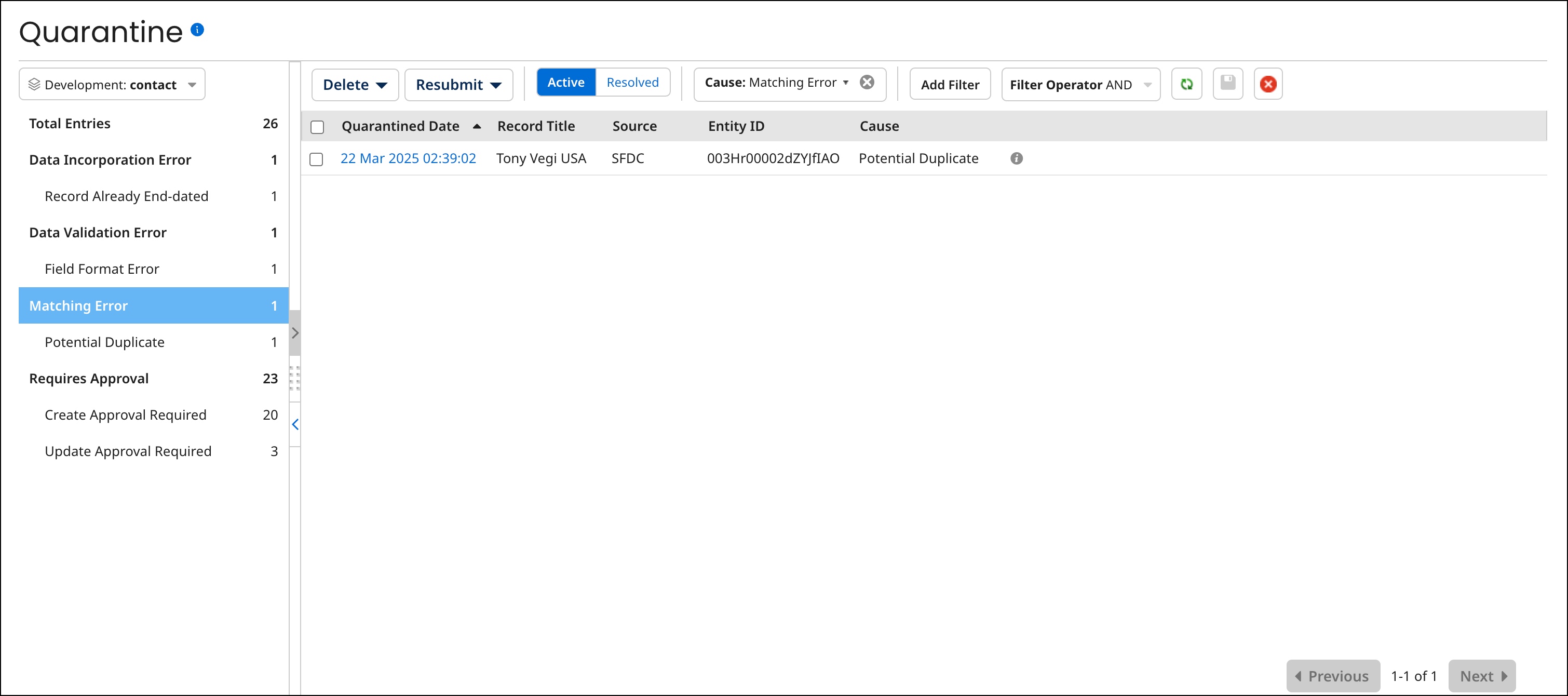 Quarantine entries list filtered on matching errors