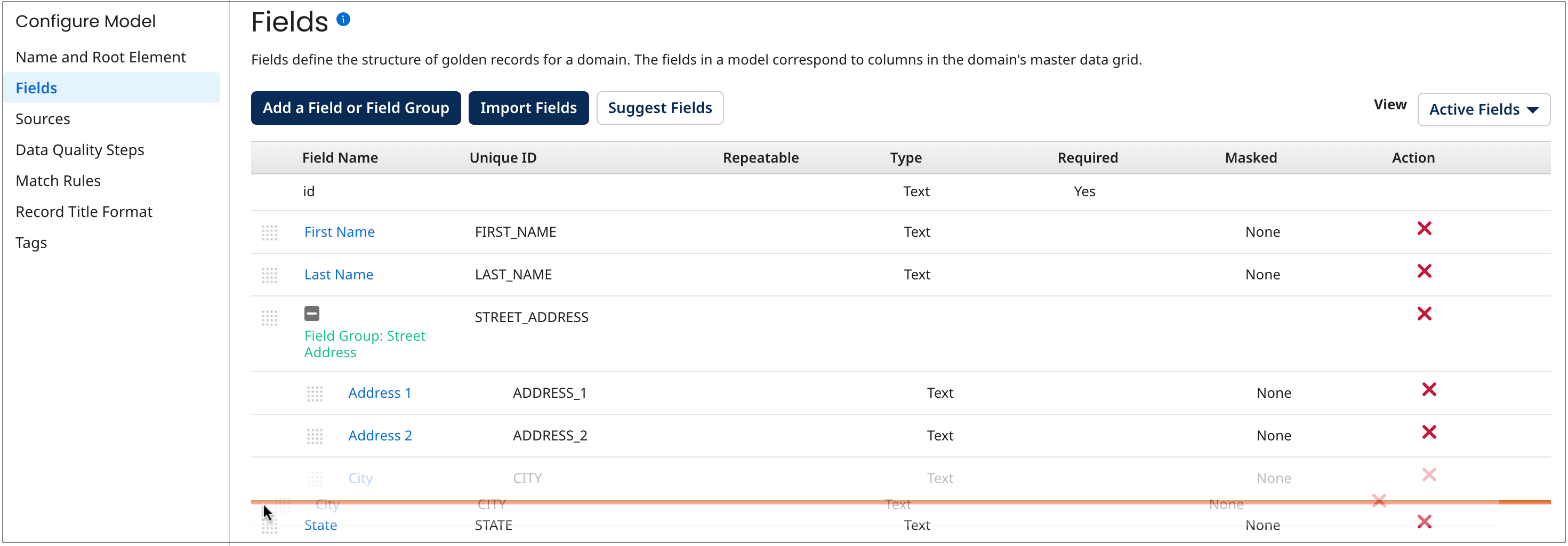 Dropping the field City outside the field group Street Address