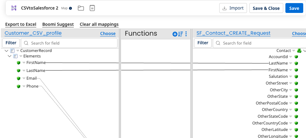 Screenshot showing the CSV elements mapped to the Salesforce contacts fields