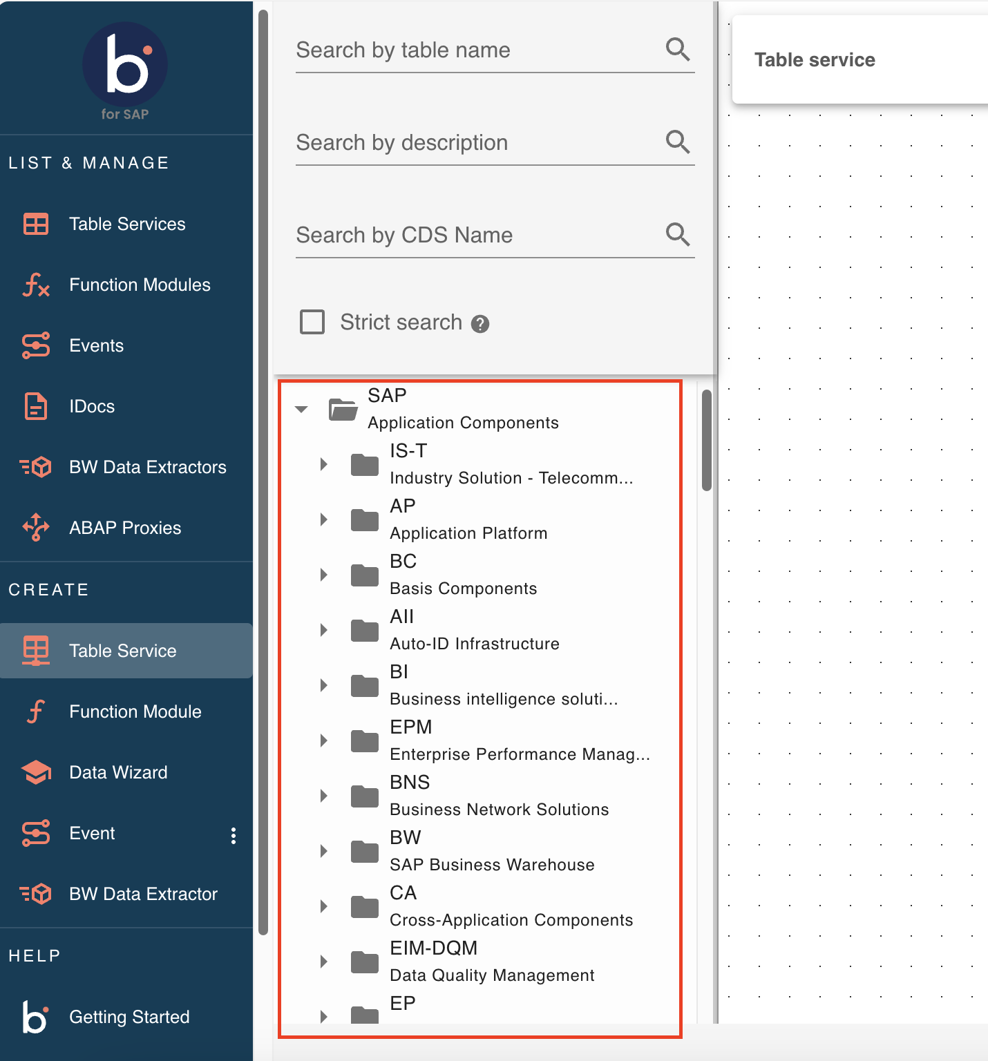 Table Services search example