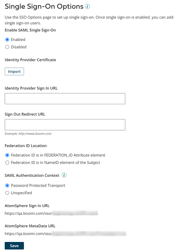 The SSO Options Tab showing the available configuration options when SSO is enabled.