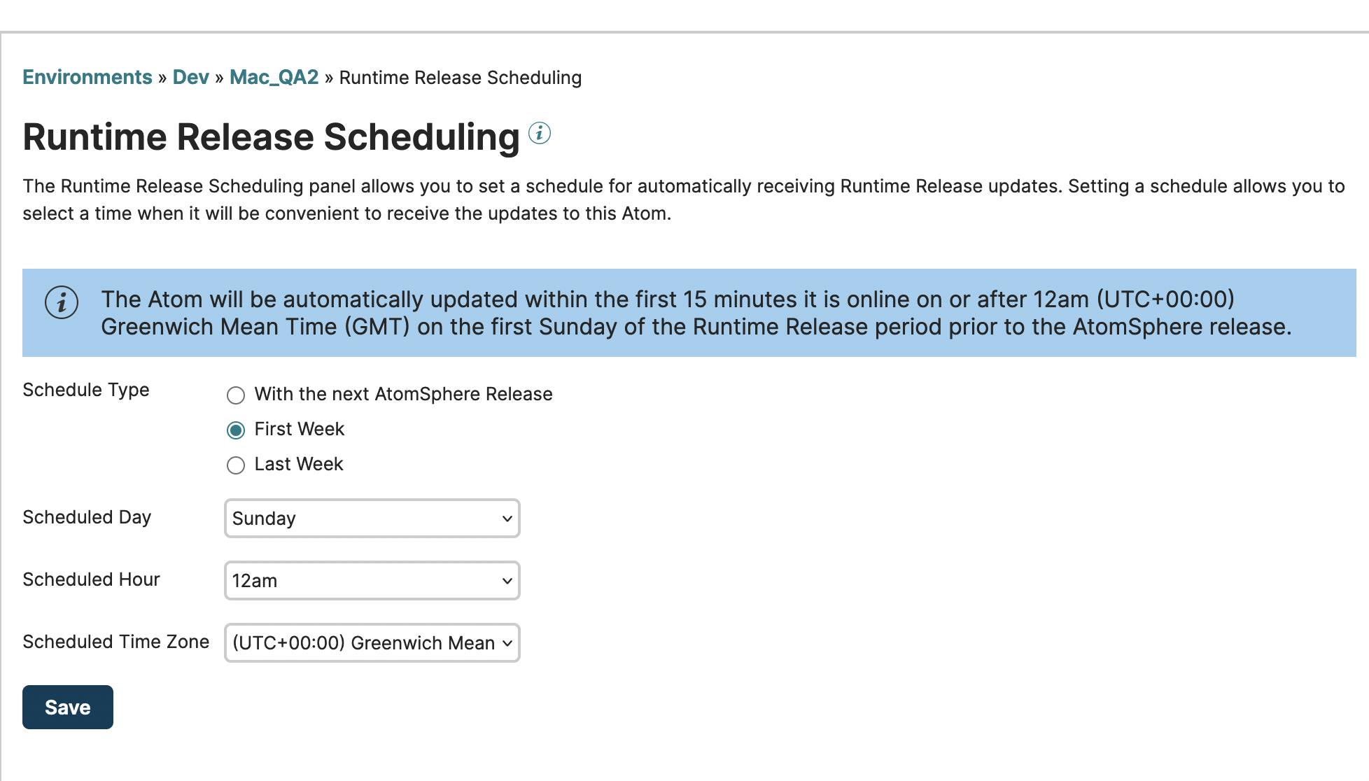Runtime Release Scheduling page.